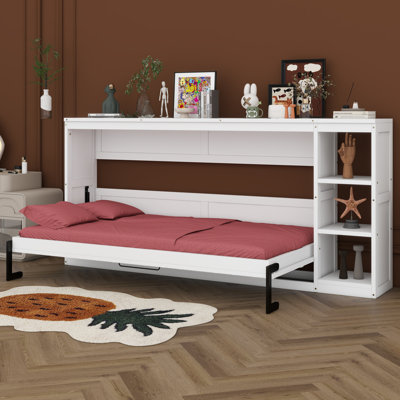  Murphy Bed With Bookshelf, Modern Murphy Cabinet Bed, Solid Wood Platform Bed Frame With Shelves, Hidden Wall Beds