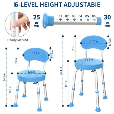360° Swivel Shower Chair with Backrest – Adjustable Height, Non-Slip Aluminium Bath Seat – Heavy Duty Bathroom Safety Stool for Elderly, Disabled, Pregnant – Includes Shower Head Holder