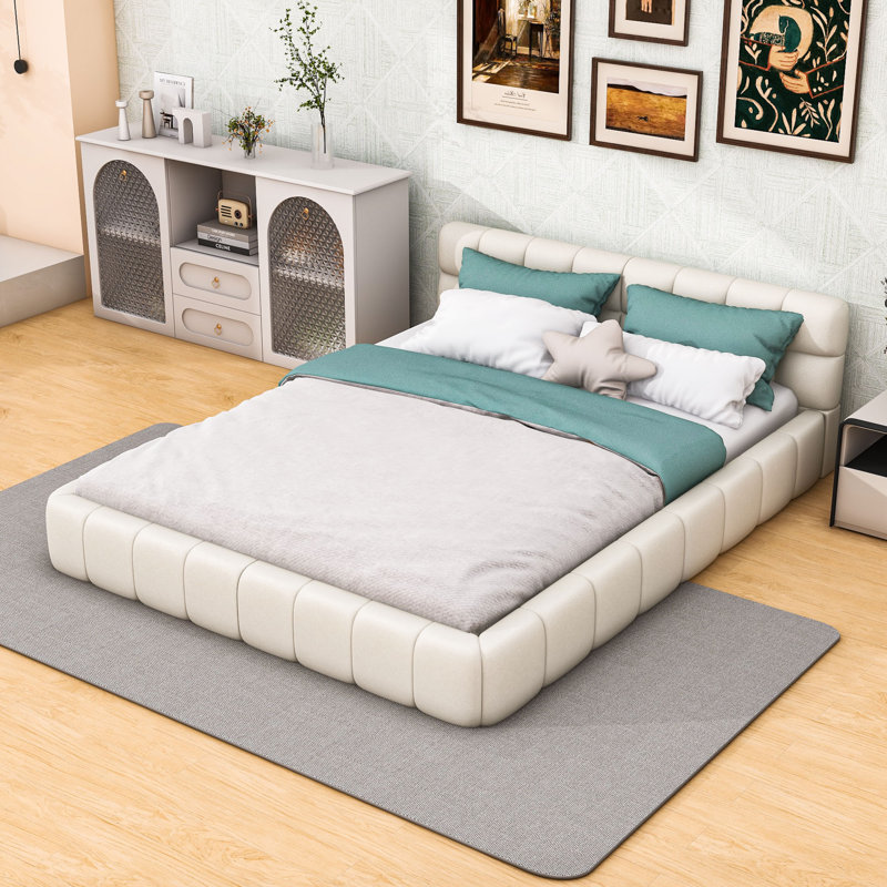 Grand lit plateforme tapissier en lin avec tête de lit, Beige