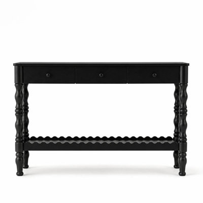Console en bois massif de 120 cm (47,2 pouces), table d'appoint à deux niveaux pour entrée ou derrière un canapé, pieds en bois sculpté de style vintage, trois tiroirs et une étagère inférieure, meuble de rangement décoratif pour salon, chambre ou couloir, style rustique antique