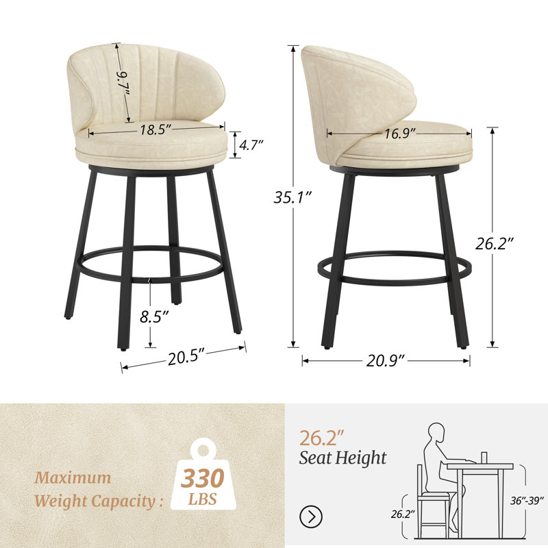 Upholstered Swivel Counter & Bar Stools With Back, Beige/Faux Leather