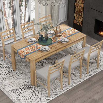 Ensemble de table de salle à manger 7 pièces en bois, table extensible avec rallonge, 2 tiroirs et 6 chaises rembourrées