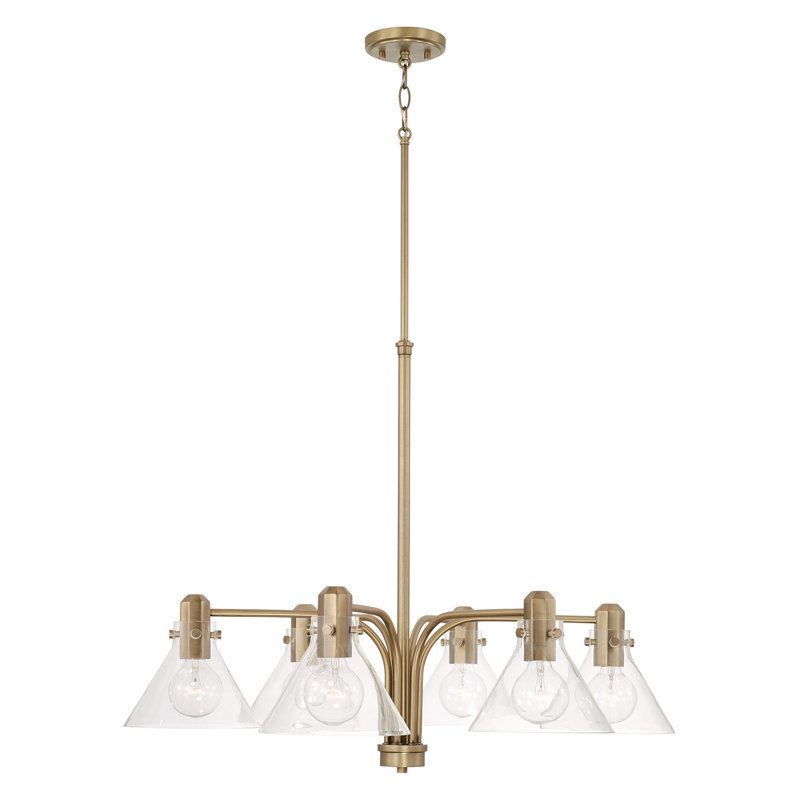 6 - Light Dimmable Modern Linear Chandelier, Aged Brass