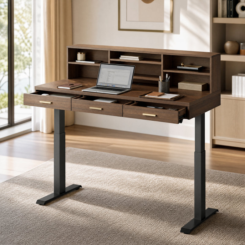 Bureau de direction moderne à hauteur réglable de 59 po avec huche de rangement, 3 tiroirs et prise de courant pour bureau et bureau