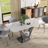 Malira Minimalist Modern White Rectangular Sintered Stone Dining Table with Pedestal Base, Pre-Assembly