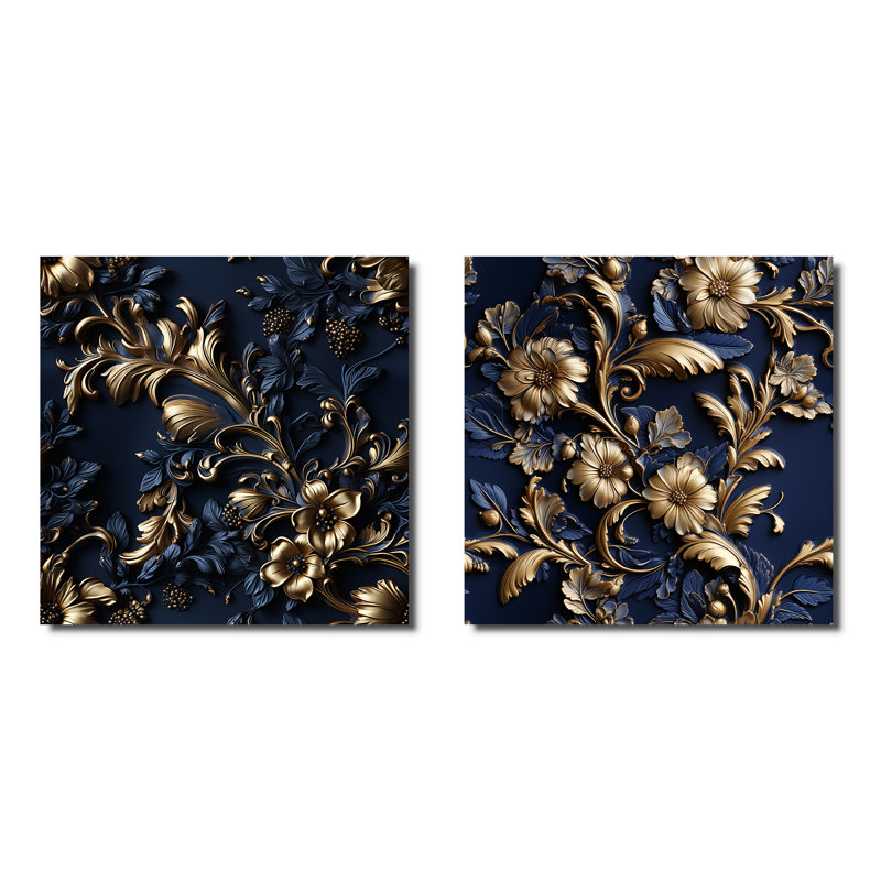 Cobalt Blue Gilded Frames Victorian Pattern - Abstract Botanicals Square Collage Set Of 2, 16" H x 33" W, Wrapped Canvas