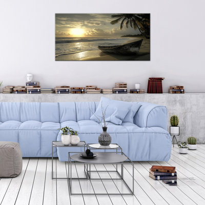 Adrick Beach, coucher de soleil, océan, palmier, impressions sur toile, bateau rustique, bord de mer, art mural, décor pour le salon, chambre à coucher, salle de bain, prêt à être suspendu, paysage marin tropical, peinture d'art, affiche murale, 16 po x 32 po