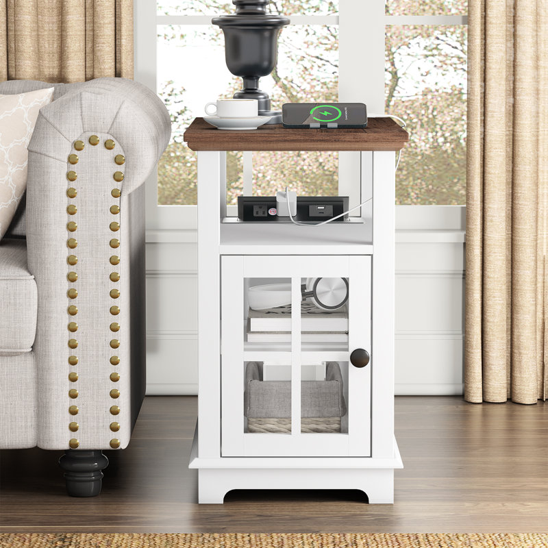 Boxley Tray Top End Table and Built-In Outlets, Brown Top/White Base
