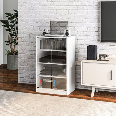 4 Media Organizer Cabinet , Tempered Glass Doors, Adjustable Shelves, Cable Management, Distressed White For Players 4, Modern With Managed, Lustrous