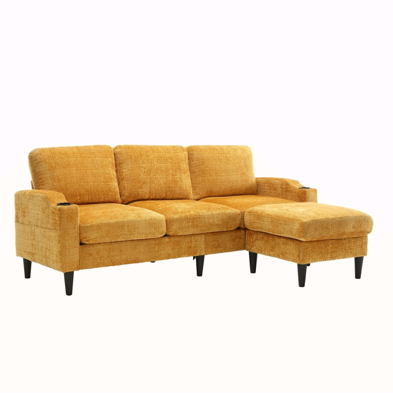 Canapé pour trois personnes, structure en bois massif, tissu chenille, poche latérale, avec deux porte-gobelets, repose-pieds avec rangement et canapé de salon Canapé modulaire confortable