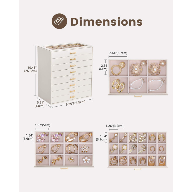 Organisateur de boucles d'oreilles, boîte à bijoux avec couvercle transparent - Beige, 8 compartiments, 8 couches, Beige