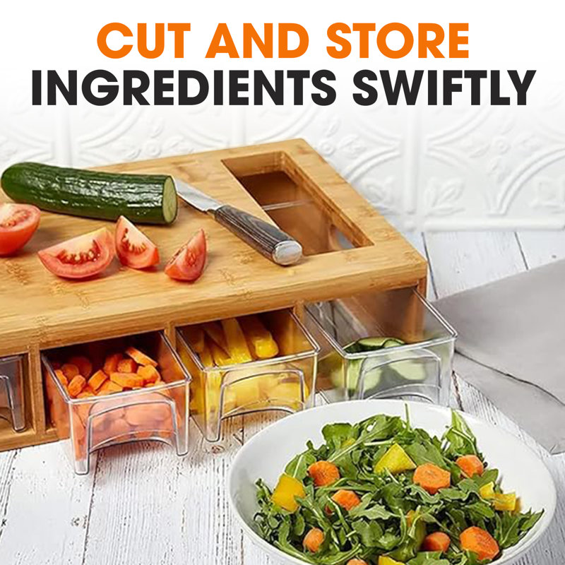Bamboo Cutting Board with Clear Plastic Storage Trays