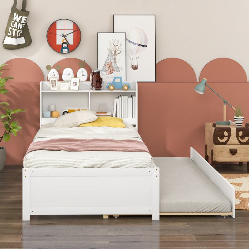 Twin Bed with Trundle and Bookcase Headboard, White