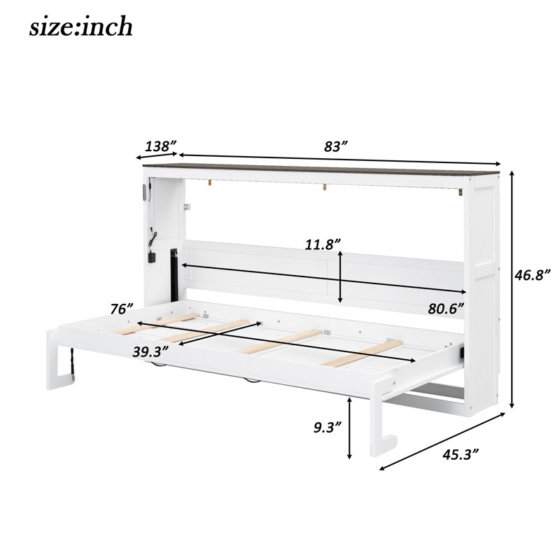 Twin Size Murphy Bed with LED Light and Desk, Foldable Wall Bed Cabinet for Small Spaces, White/Brown