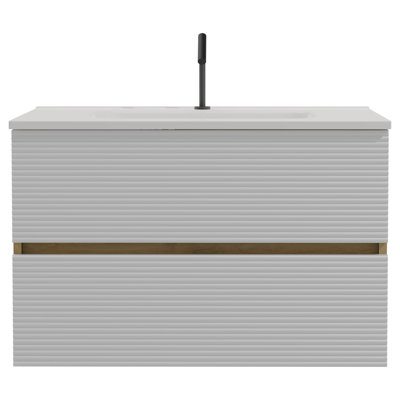 Meuble-lavabo mural 30 po en chêne blanc mat et chêne naturel avec lavabo intégré en céramique avec trop-plein, grand meuble-lavabo flottant pour salle de bain moderne