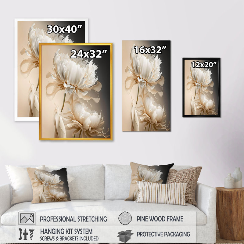 Peony Flower I - Print on Canvas, 32" H x 16" W, Brown Floater Framed