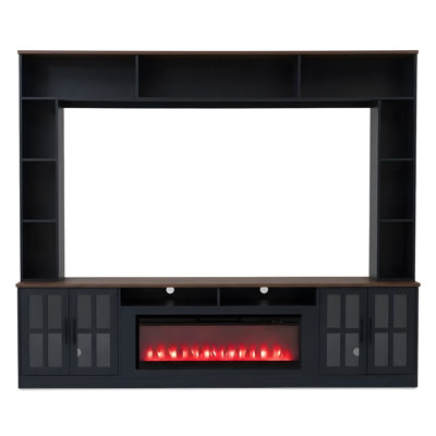 Meuble télé mural de 243 cm de large avec étagères pour téléviseurs jusqu'à 203 cm, meuble multimédia avec foyer électrique, placards et étagères réglables pour salon