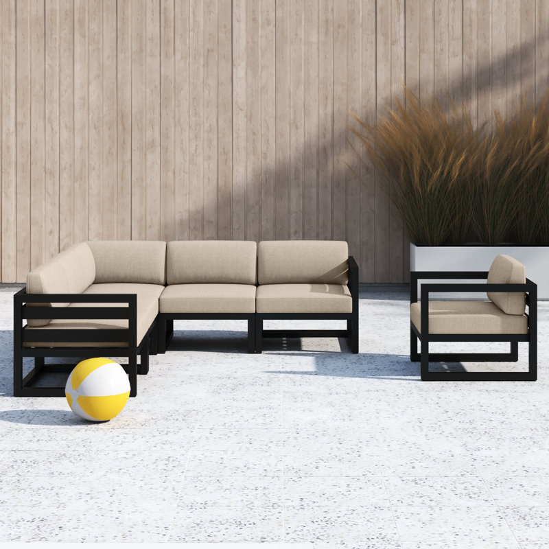 Smith 94" Outdoor Sectional with Sunbrella® Cushions, Cast Lagoon Sunbrella® Plainweave, Black