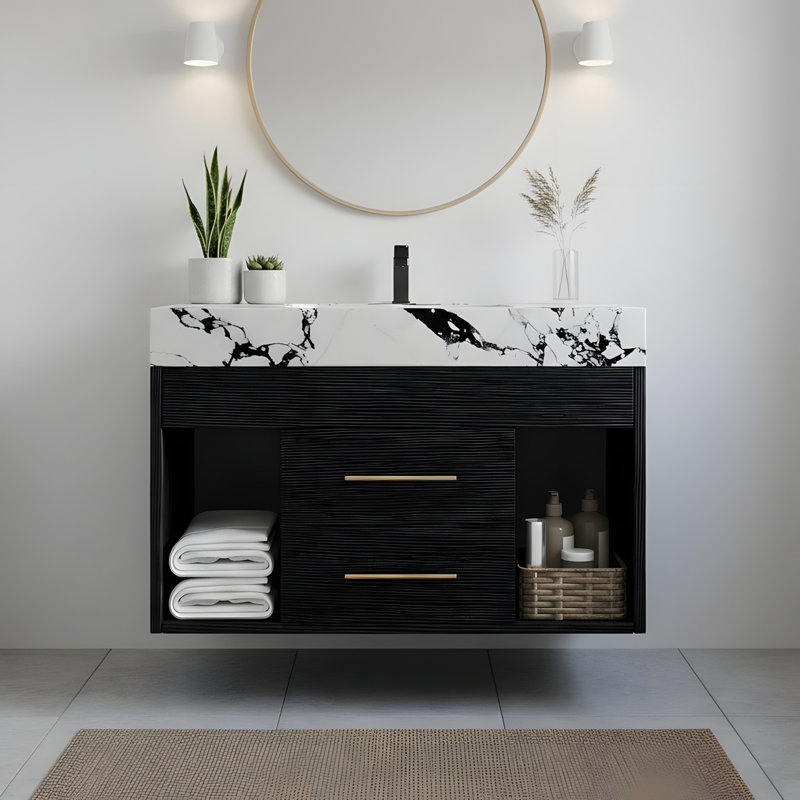Meuble-lavabo mural avec lavabo en céramique frittée, Noir