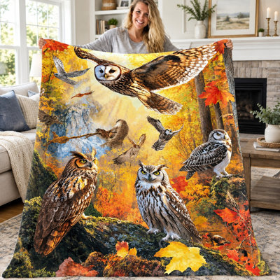 Couverture jetée hibou (1 pièce), motif majestueux de forêt de hiboux, en flanelle, douce, confortable, légère et chaude, idéale pour canapé, lit, salon, chambre d'étudiant, bureau et voyages. Décoration automnale et forestière. Couverture toutes saisons, lavable à la machine, cadeau idéal pour les fêtes.