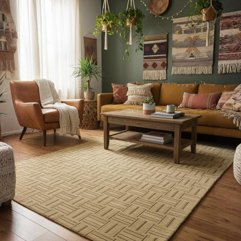 Callida Authentic Hand-Knotted Handmade Tan Brown, Cream & Green Modern Geometric Basketweave Wool Area Rug