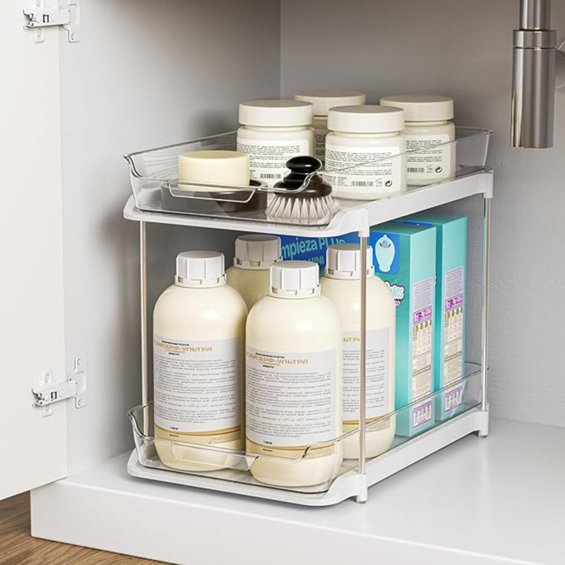 Organisateur de salle de bain polyvalent à 2 niveaux, organisateurs et rangement coulissants sous le lavabo, rangement et rangement de garde-manger empilables, rangement transparent sous l'armoire avec séparateurs mobiles