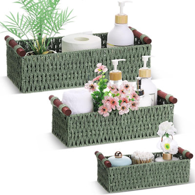 3 Pcs Boho Handmade Paper Rope Wicker Storage Baskets with Handles, Decorative Organizer for Countertop & Toilet Tank Top, Toilet Paper Container