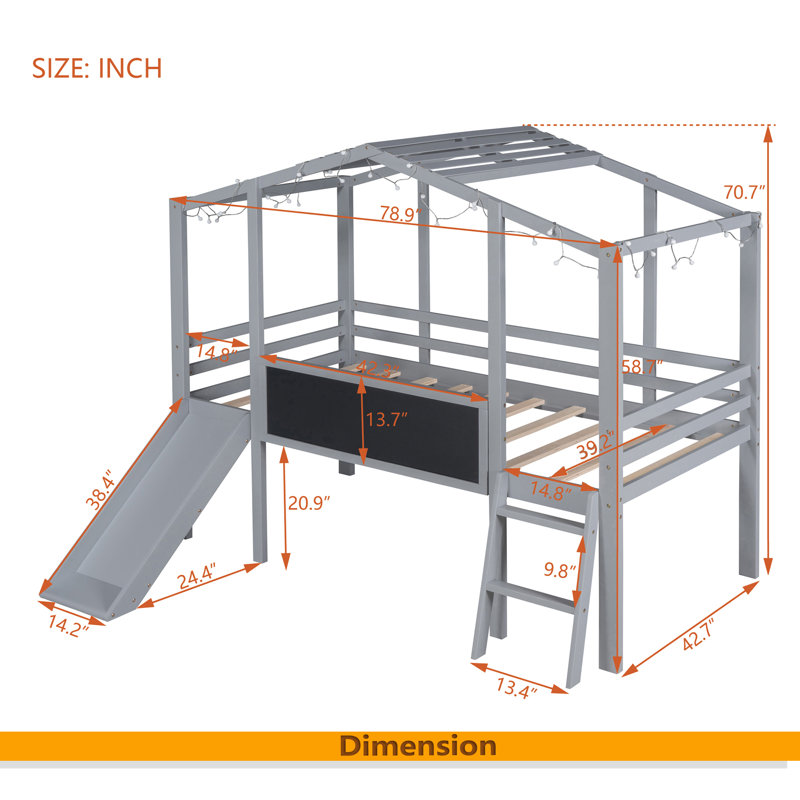 Lit mezzanine simple avec échelle et glissoire, lit maison avec tableau noir et bande lumineuse sur le toit, Gris