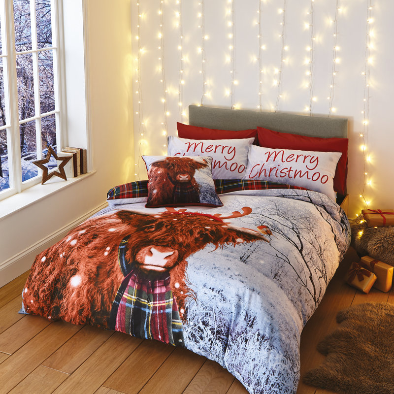 Merry Christmoo Highland Cow Christmas Duvet Cover Set, Single Duvet Cover + 1 Standard Pillowcase