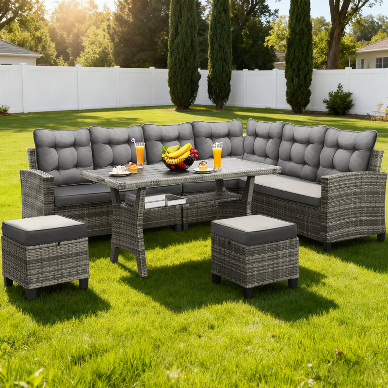 6-Piece All-Weather Grey Wicker Patio Furniture Set – Sectional Sofa, Dining Table, Chairs & Ottoman, Gray Cushion/Gray Frame