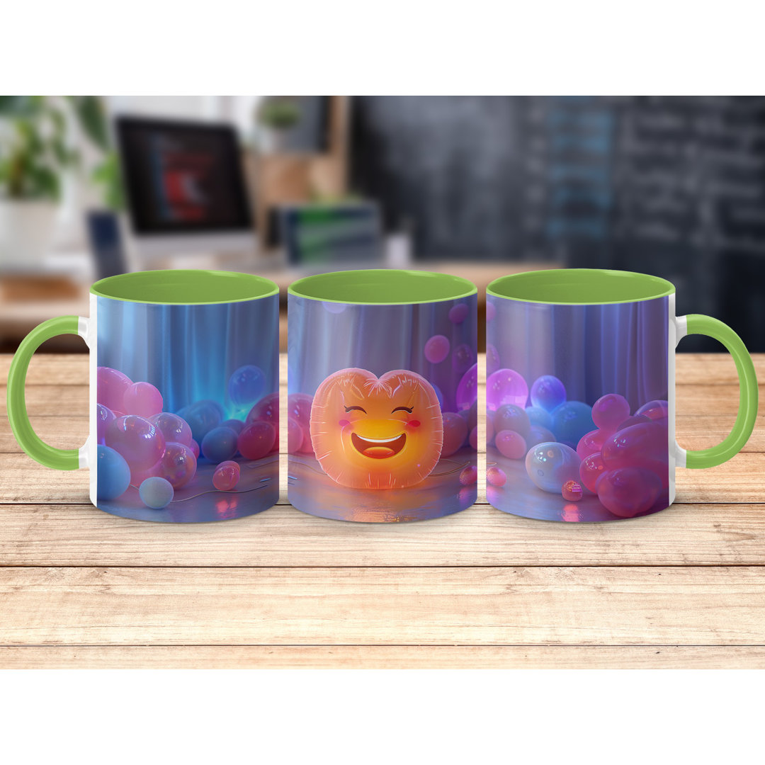 Set of 3 Colourful 3D Design 11oz Accent Mugs – White Ceramic Coffee Cups with a Light Green Handle and Interior