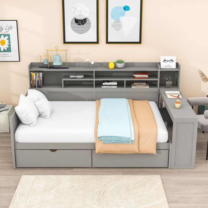 Lit de jour en bois avec tablettes, tiroirs, bureau et lattes, Lit double