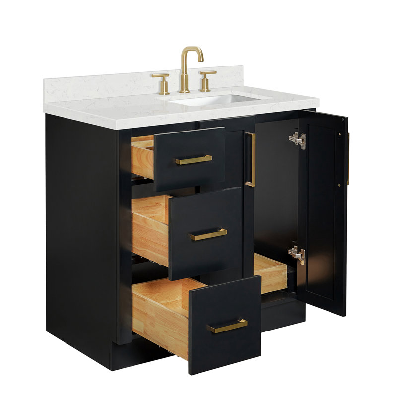   Kayleigh 36 Inch Right Offset Single Rectangle Sink Bathroom Vanity with Carrara White Quartz Countertop 1.5 Inch in Black