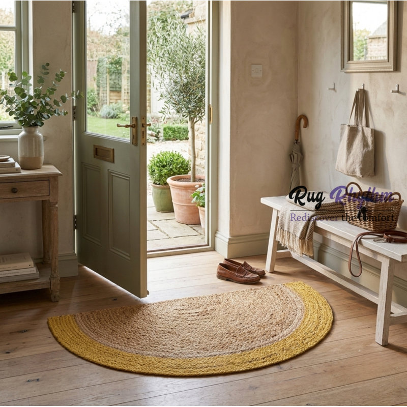Tapis demi-rond en jute tressé à la main avec bordure jaune moutarde, 36 po x 72 po