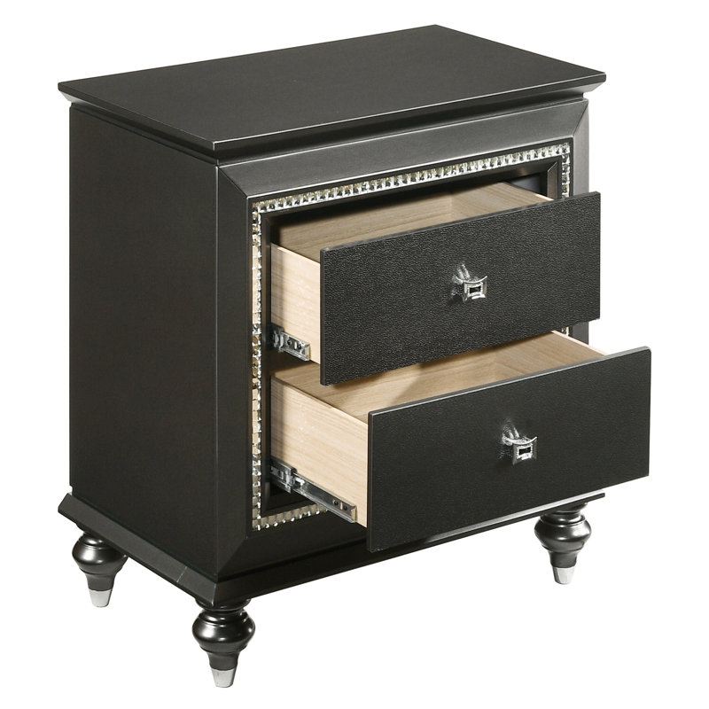 Table de chevet gris métallique avec deux tiroirs spacieux - Dispositifs de rangement de chambre à coucher modernes et garniture scintillante glamour