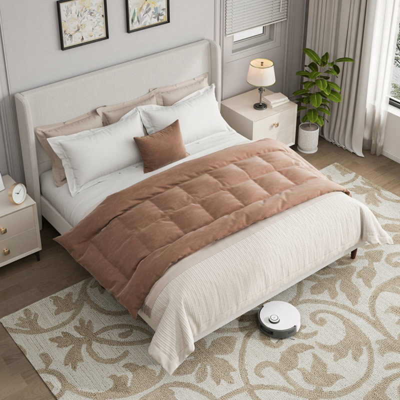 Modern Platform Bed Upholstered Bed Frame, Elegant Soft Bed With 12 Slats And High Backrest, King, Light Grey