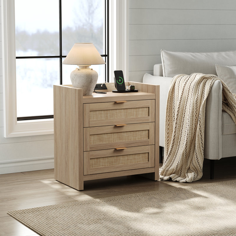 Ashvir Rattan 3-Drawer Nightstand With Built-In Outlets, Light