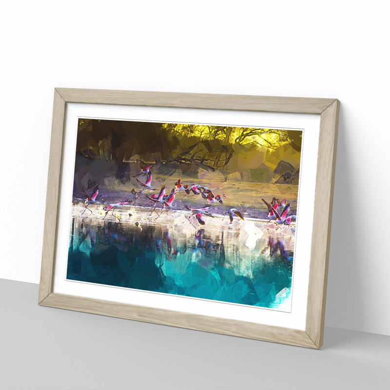 Flamingos Taking Flight in Abstract - Picture Frame Graphic Art Print, Oak Framed, 36cm H x 48cm W x 2cm D