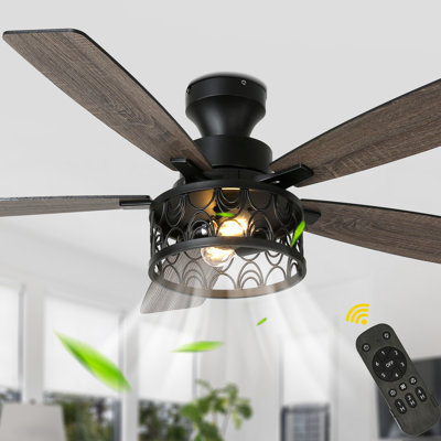 52" Industrial Black Caged Flush Mount Ceiling Fan with Light Kit and Remote Control 6-speed Reversible DC Motor Low Profile Fan 
