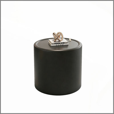 Table basse ronde noire avec plateau en verre trempé, corps en cuir PU et rangement caché pour le salon, table d'appoint moderne