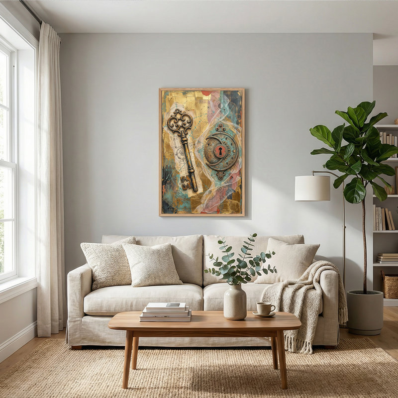 Art mural sur toile orné de clé et de serrure céleste en or et sarcelle, 24"H x 18"W