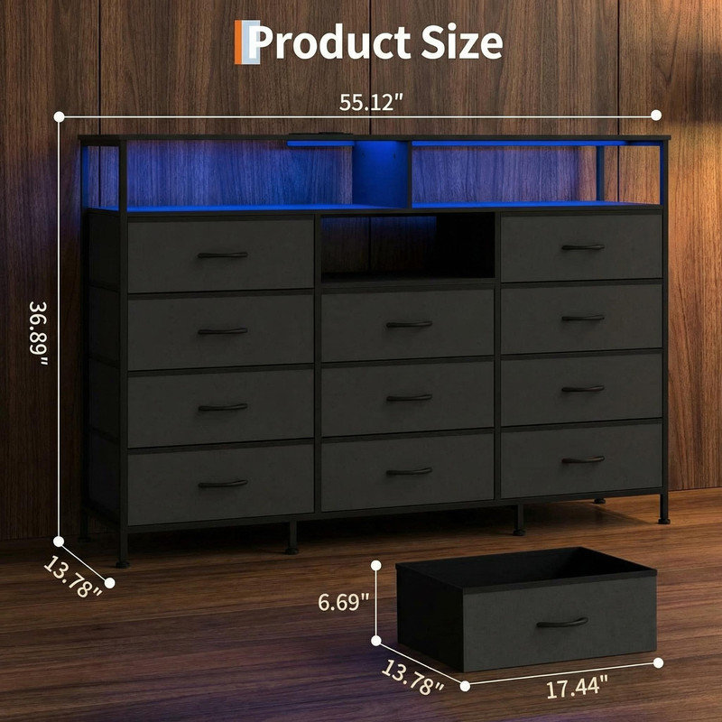 Dresser for Bedroom with LED Lights & Charging Station, 11 Drawer Dressers & Chests of Drawers, Steel Frame, Wood Top, 55 ” Fabric Dresser TV Stand for Bedroom,Hallway, Storage Organization, Entryway