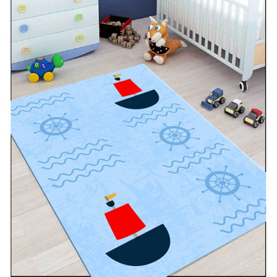 Tapis rectangulaire tissé à la machine en polyester bleu clair Kohn