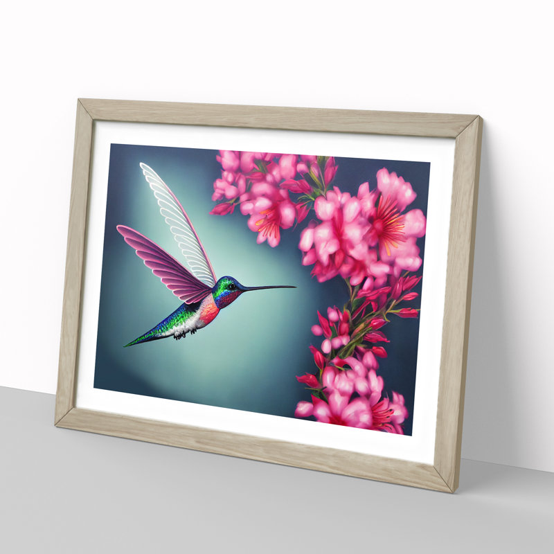 Floral Hummingbird - Framed Print, 46cm H x 64cm W x 2cm D, Oak Framed