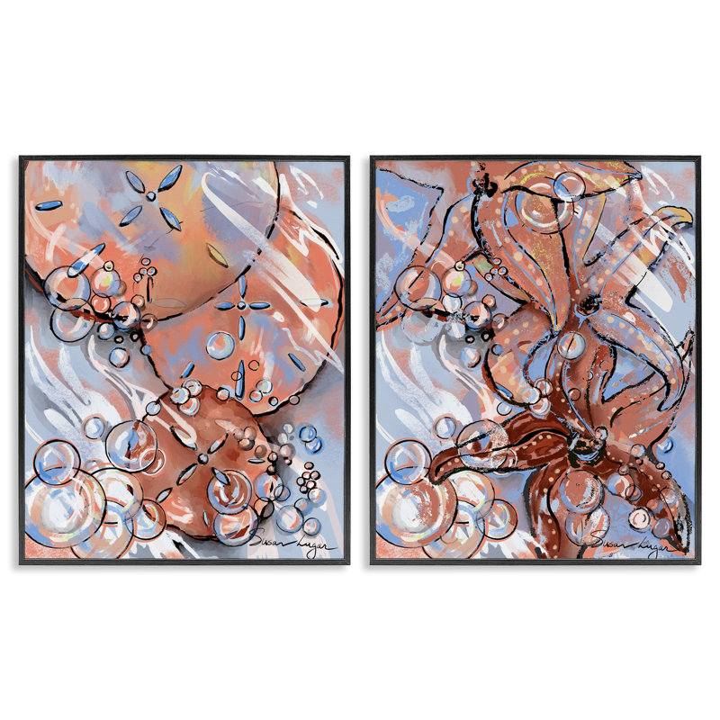 Ensemble de 2 giclées encadrées Bubbles And Sea Life, design par Susan Lugar, H 30 po x l 24 po, Giclée encadrée noir minuit