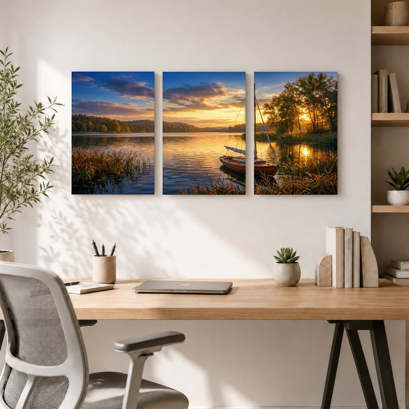 Voilier en bois sur un lac au coucher du soleil doré, ensemble de 3 toiles, H 24 po x l 16 po x 3 pièces