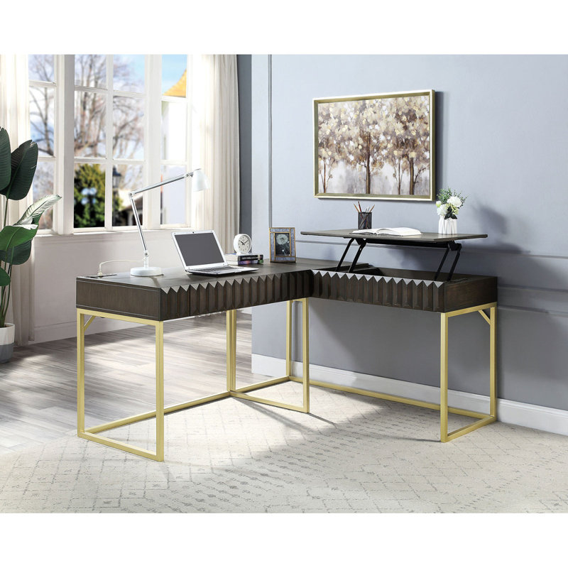 Bureau d'ordinateur transitionnel deux tons avec port USB et plateau escamotable, Brun