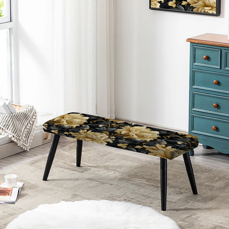 Luxurious Black And Beige Flowers Damask - Damask Upholstered Black Bench