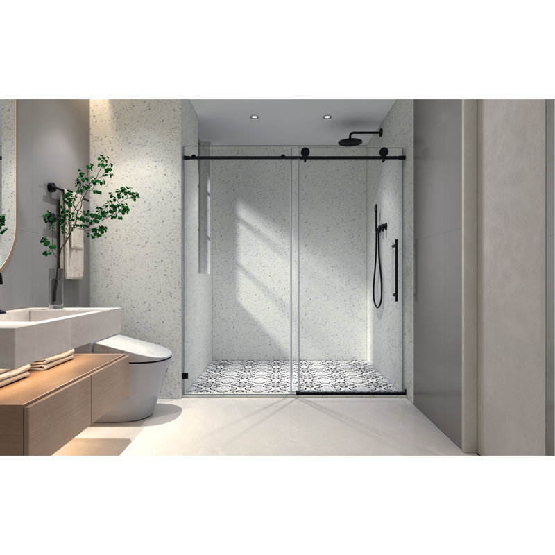 Une porte de douche fixe et une porte décalée sans cadre, de grandes poulies en acier inoxydable 304 de 70 mm avec fonction de fermeture en douceur réglable, un nettoyage Nano facile, un bâton anti-déflagrant