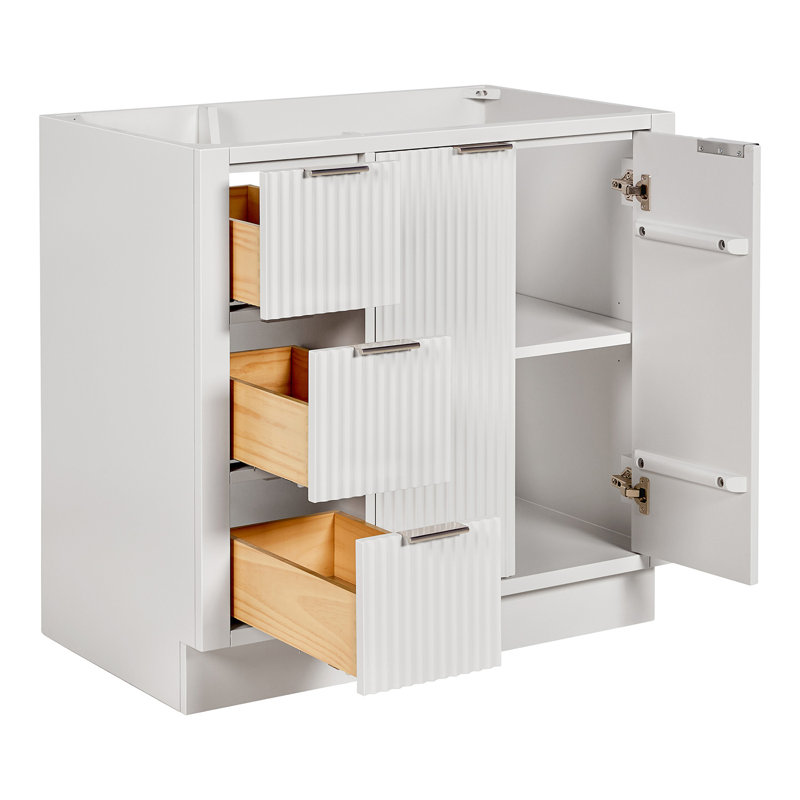 Base de meuble-lavabo décalée droite en bois massif 36 po Haun, Blanc chaud